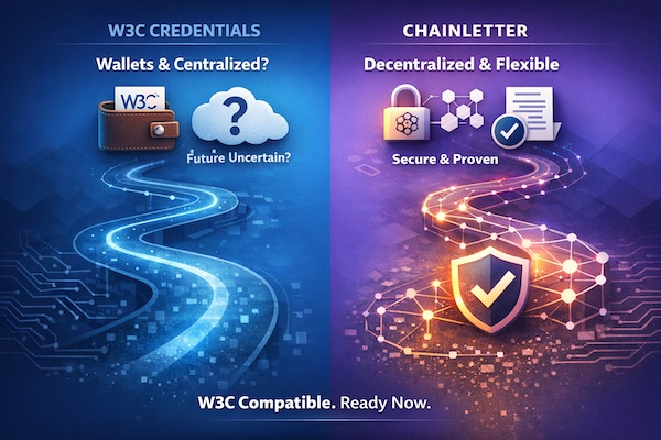 Chainletter decantralized credentials versus W3C credentials