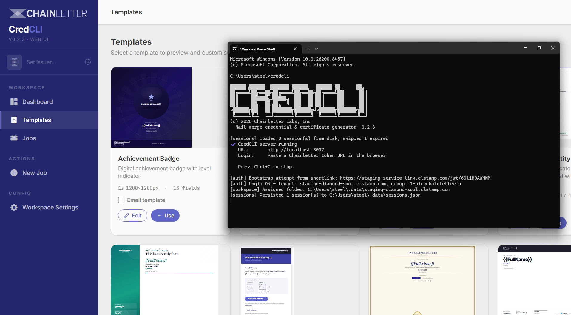 CredCLI web UI — issuing stamped credentials