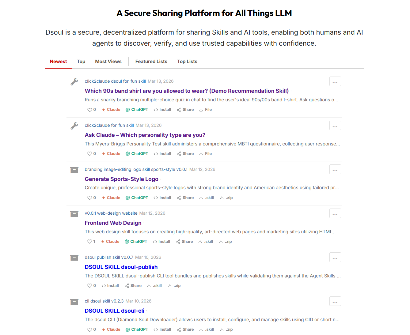 DSoul marketplace — verified AI skills listing